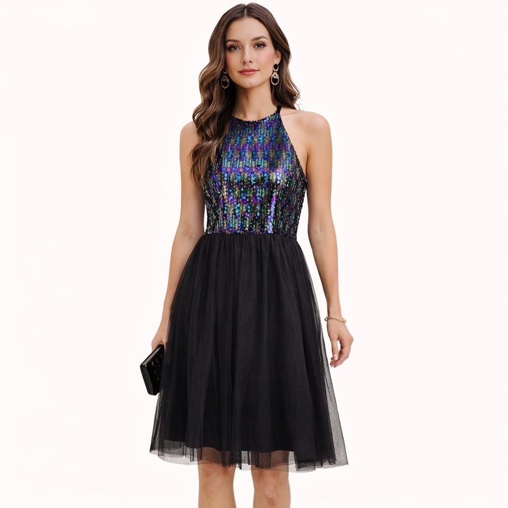 Everly Sequin Halter Black Dress New Size Small